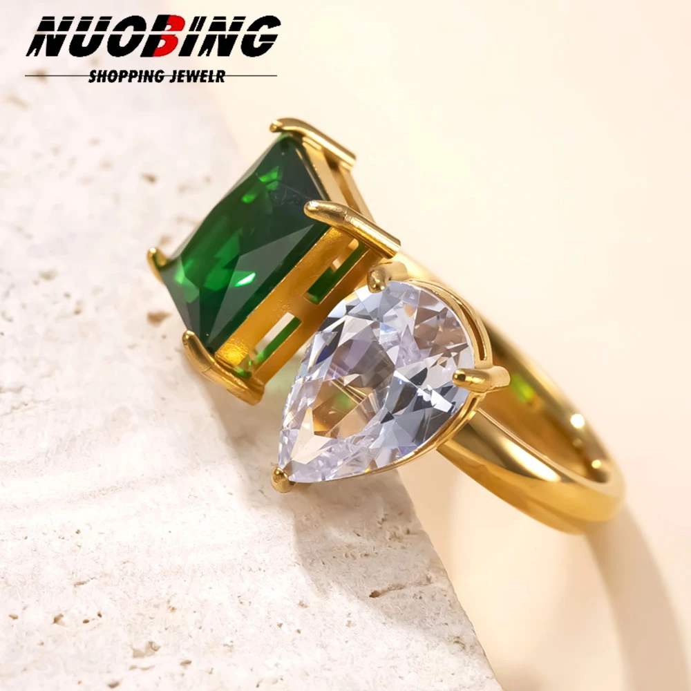 Luxury Green Cubic Zircon Ring for Women Stainless Steel Inlay Gem Crystal Heart Ring Wedding Party Jewelry Gift Accessories