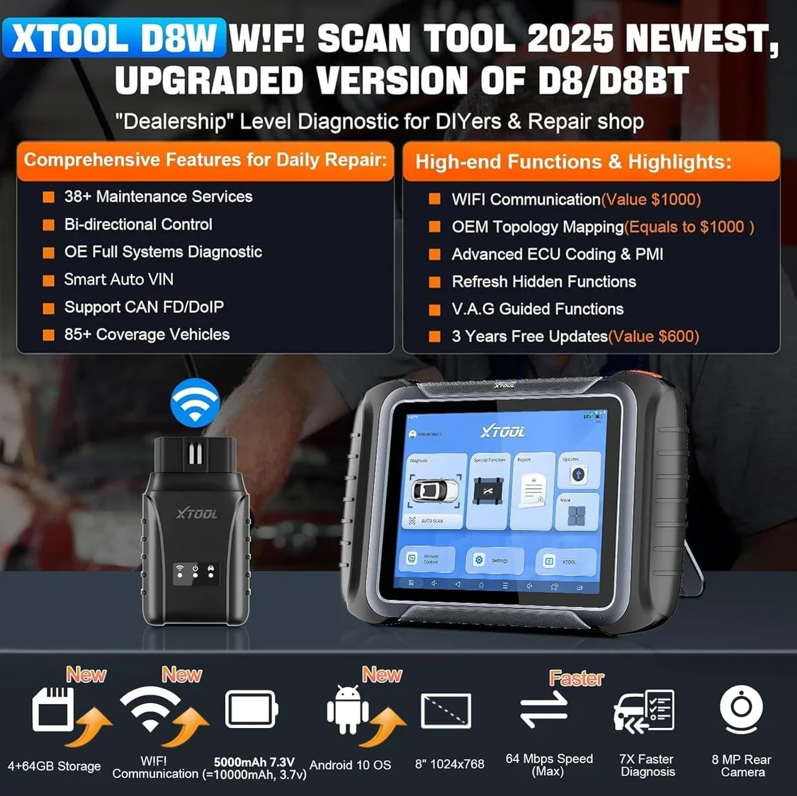 Picture 3: Hot salesNewest Xtool D8W WIFI Car Diagnostic Tool With ECU Coding Active Test Key Programming 38 Resets CAN FD DOIP Topology