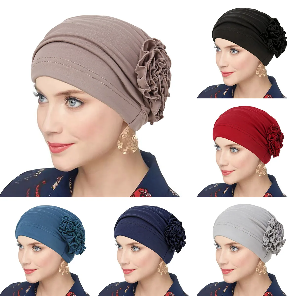 

Trendy Flowers Hijab Cap for Ramadan Solid Color Indian Hat Muslim Fashion Head Wrap Women Turban Bandana Bonnet