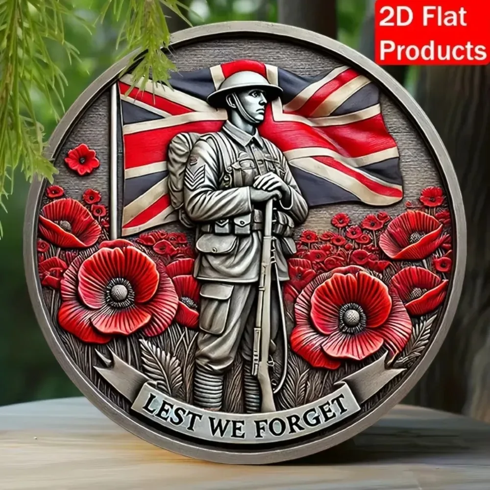 

Eternal Watch" Distressed Aluminum Memorial Sign – Lest We Forget Art with Dog Tag & Poppy Motif | Heritage Decor for