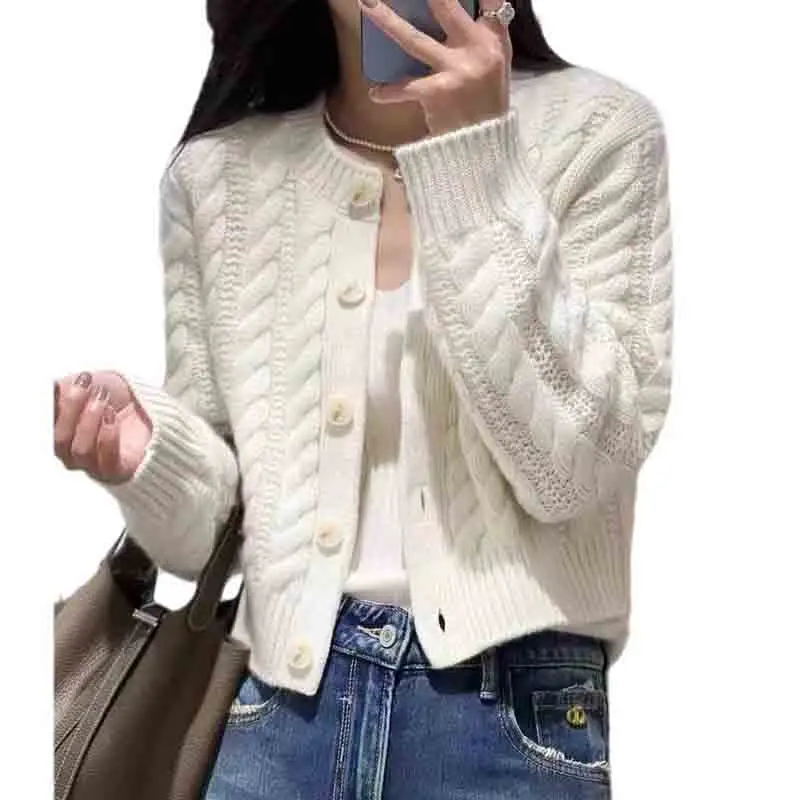 Lucyever Short Sweater Cardigan Women High Quality Single-Breasted O-Neck Knitted Sweaters Woman Solid Long Sleeve Knitwear Coat