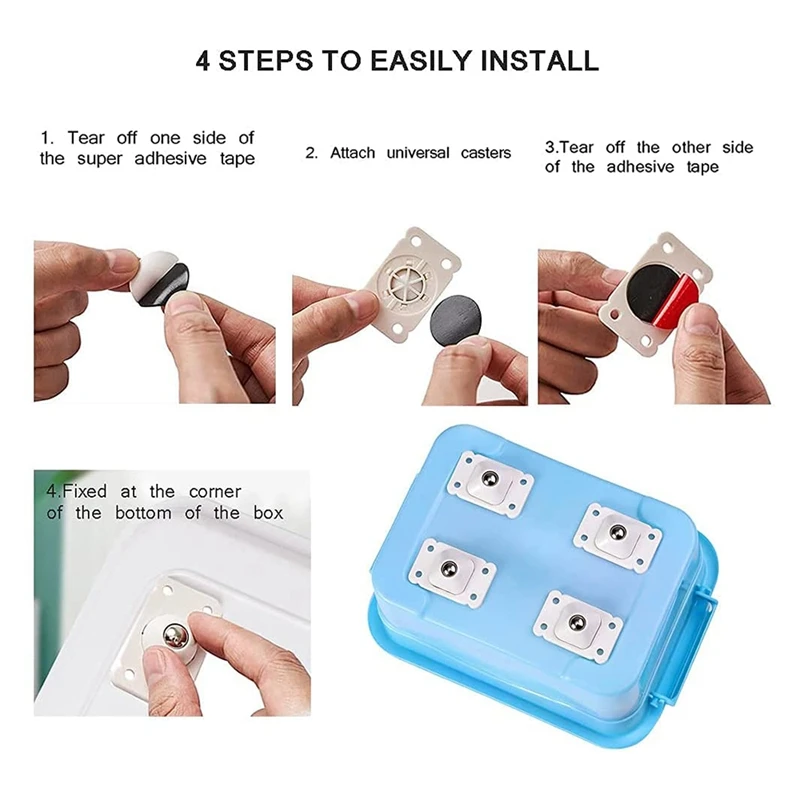 16 Stück selbstklebende Räder für Aufbewahrungsboxen, 360-Grad-Drehung, Edelstahl-Riemenscheiben-Kugelrollen, 4,5 x 2,8 cm