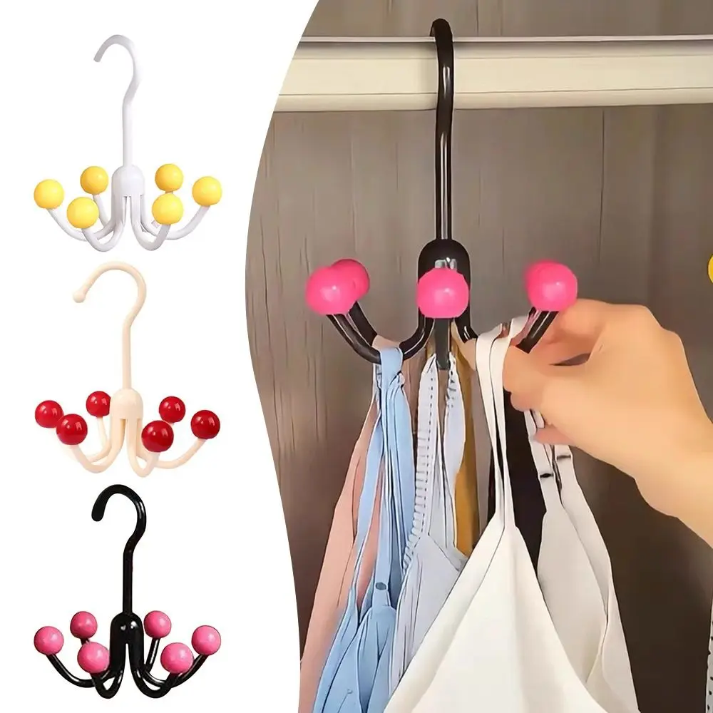 1pc Multifunctional Home Clothes Hanger Portable Dopamine 360°Rotating Hook with 6 Balls Space Saving Scarf Tie Display Rack