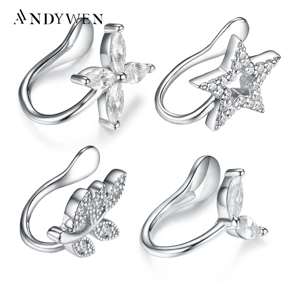 ANDYWEN 925 Sterling Silver 2021 Cuff Star Rostock Leaves Ear Cuff Earring No Piercing Clips Women Luksusowa biżuteria Prezent ślubny
