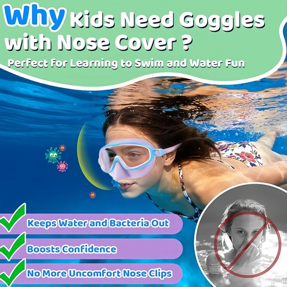 Kids Swimming Goggles with Nose Cover Wide View Diving Mask Anti-Fog UV Protection No Leak for Toddlers Aged 3-15 view 5