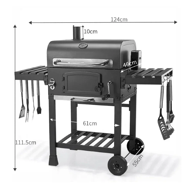 Commercial Portable Outdoor Trolley Charcoal Grill Backyard Party Grill Large Heavy Duty Barbecue Smoker