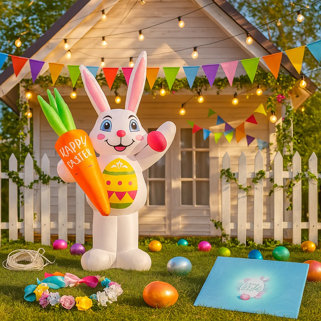 6FT Happy Easter Luchtgeblazen Opblaasbaar Konijn Wortel Decor Ingebouwde LED-verlichting Feestelijke Tuin Paasvakantie Decoraties Ornament