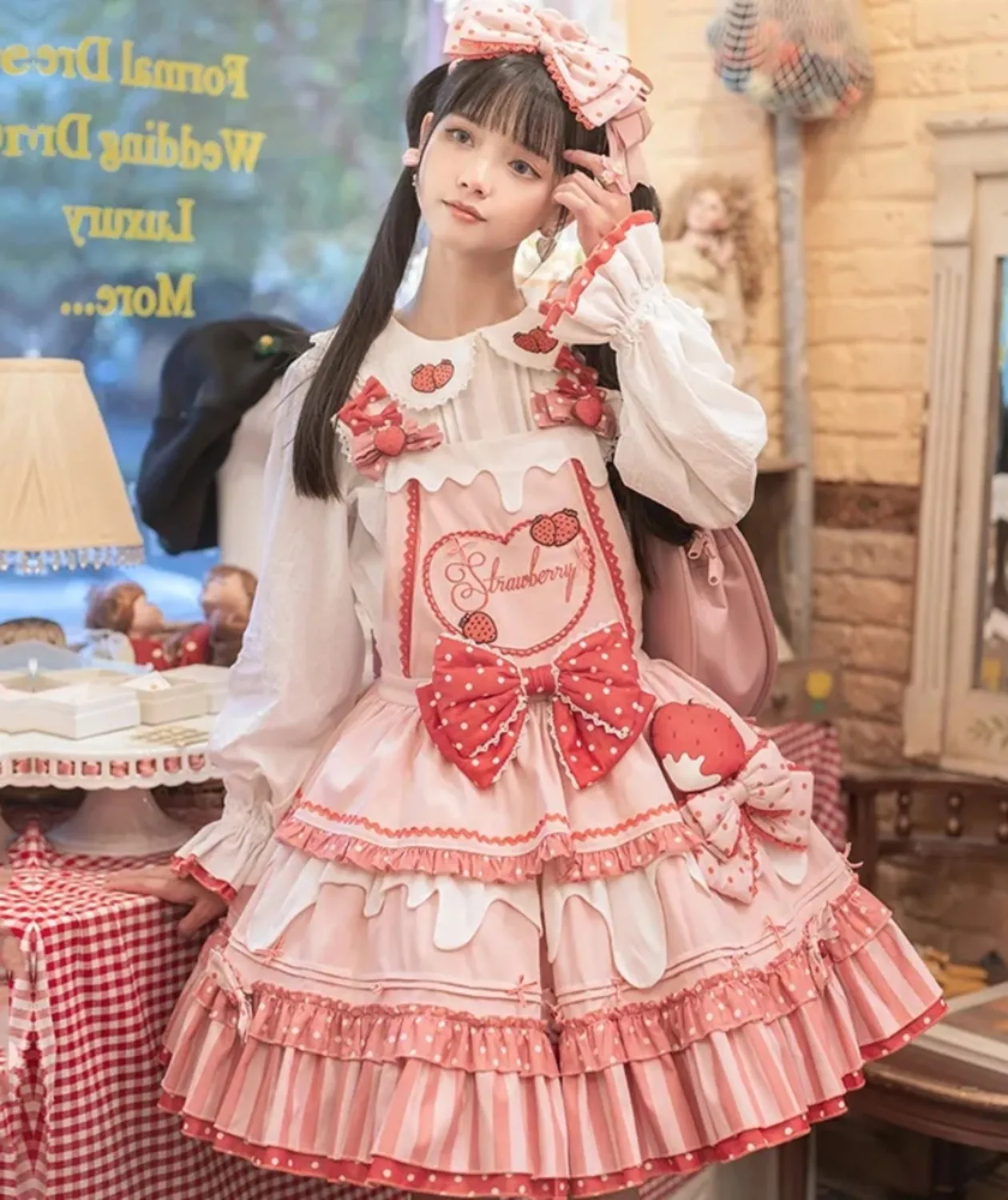 Pastoral Style Kawaii Girl Cosplay Lolita Jsk Sweet Loli Cute Strawberry Polka Dot Dress Ruffled Bow Peter Pan Collar Top Coat