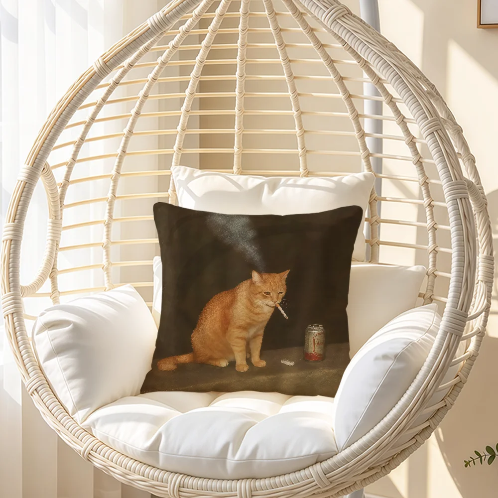 Funny Smeared Kitten Cat Meme Smoking Cushion Cover Soft Pillowcase Double Sided Sofa Home Living Room Decor Bed Club Hogar Gift
