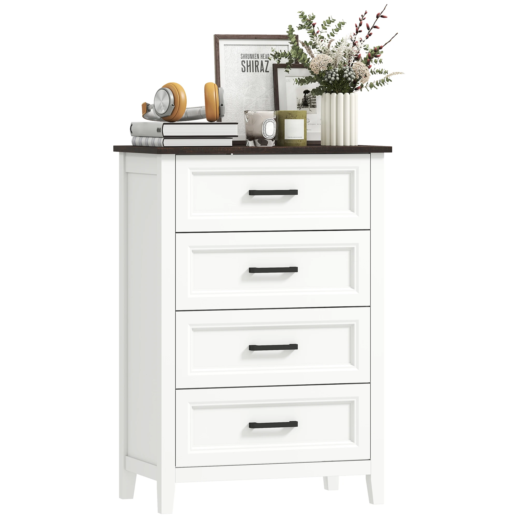 Commode Homcom à 4 tiroirs, commode étroite et haute pour chambre à coucher avec plateau effet bois, unité de rangement pour petits espaces, salon, bureau, 60x35x87 cm, blanc