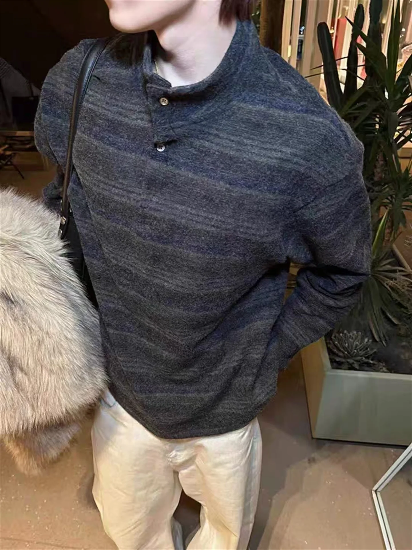 

Мужской свитер в американском ретро-стиле в полоску, осенне-зимний, мягкий, уютный, свободного кроя, с воротником Хенри, вязаный, с длинными рукавами, для пар