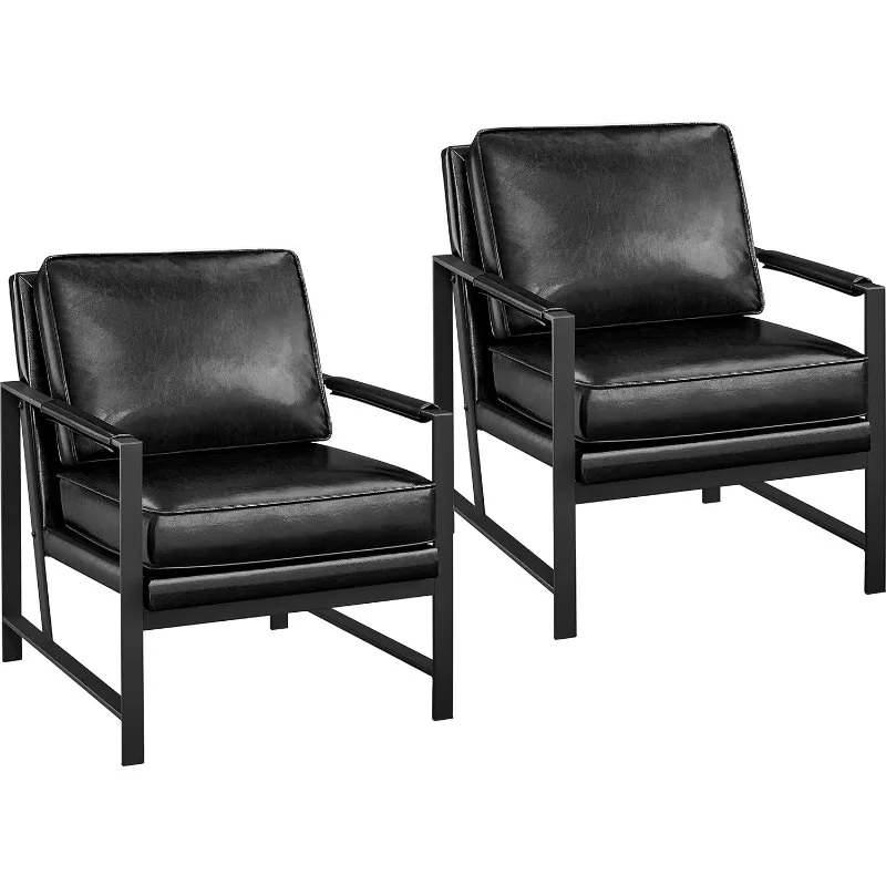 

PU Leather Armchair, Retro Leisure Accent Chair with Extra Soft Padded and Cushion, with Black Metal Frame,Black 2PCS