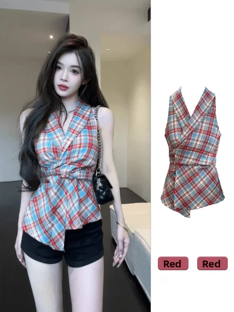 

Summer Dopaamine Plaid Strap Vest Women's Outerwear 2025 New Unique Waist-Cinching Sleeveless Top Commute Style Thin Fabric