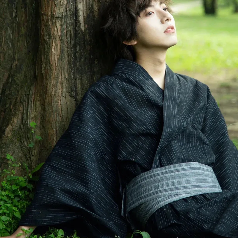 CySummer البحرية اليابانية التقليدية الساموراي كيمونو للرجال يوكاتا الاستحمام رداء Hekoobi نمط فضفاض ملابس منزلية حزام ثوب طويل القطن