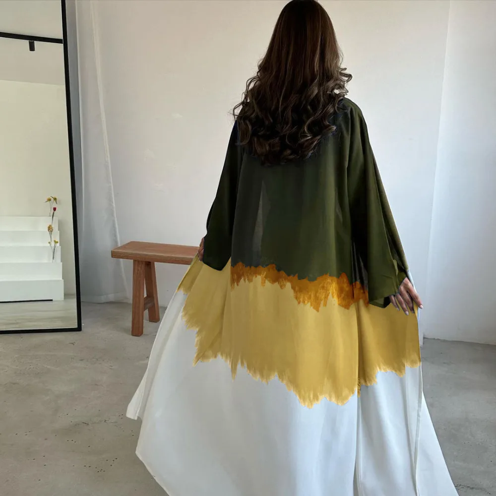 Caftano Eid Stampa musulmana Abaya per le donne Set da 2 pezzi Abito da festa Ramadan Robe Dubai Abaya Abiti da sera lunghi Abiti caftano