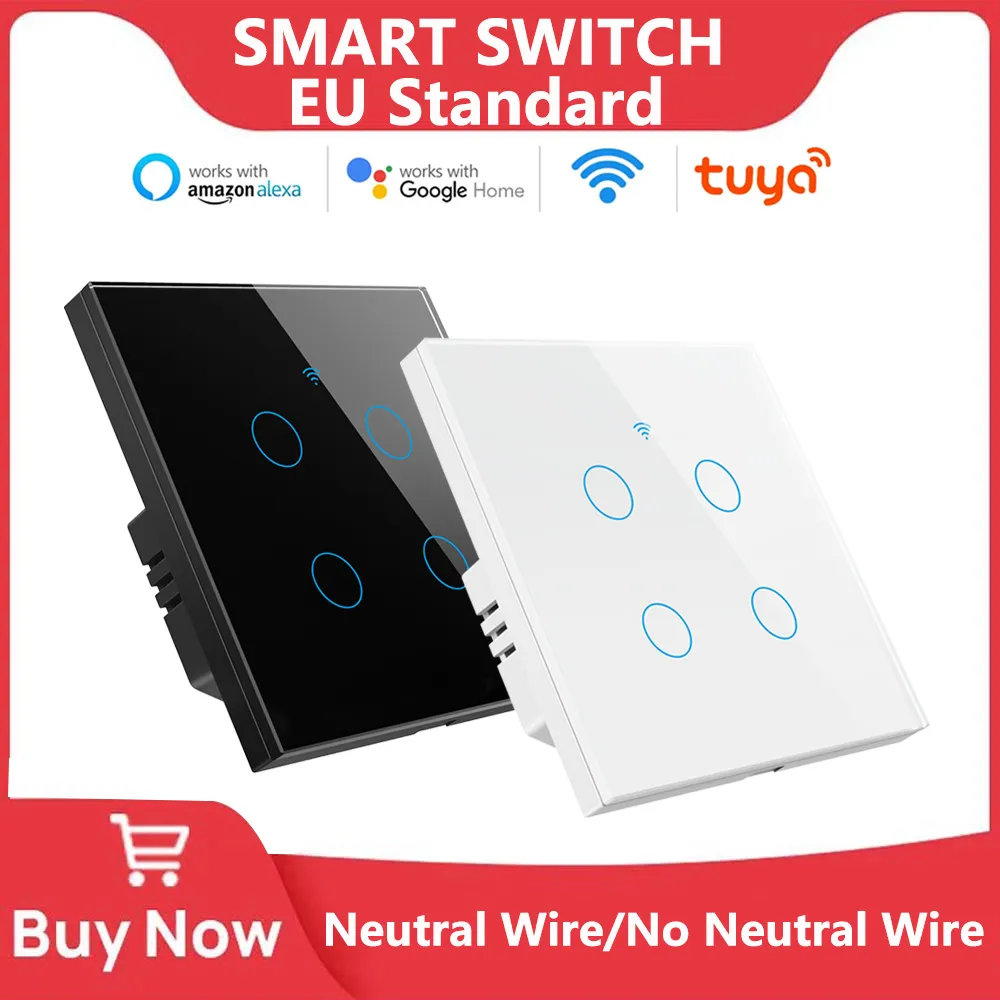 Smartlife-interruptor inteligente con WiFi para el hogar, interruptor de luz táctil de 220V, cable neutro con/sin cable neutro, funciona con Alexa y Google Home, 1/2/3/4 entradas