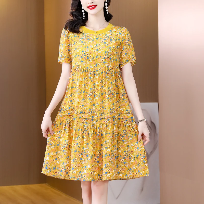 

2023 Summer New Fashion Yellow Print Lantern Sleeve Loose Waist A-line Imitation Silk Dress Women Mid-length Elegant