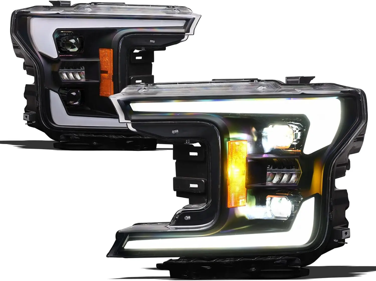 Full LED Dual Projector Switchback Sequential Headlights Compatible With 2018-2020 Ford F150 - Black Housing With Black Bezel