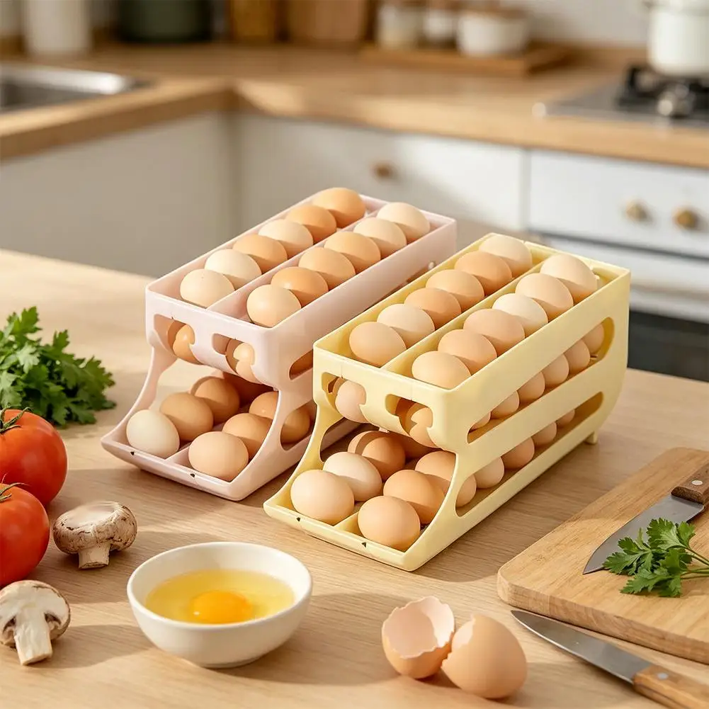 Large Capacity Automatic Egg Roller Household Three Tier double row Refrigerator Egg Storage Box Space Saving Kitchen Dedicated