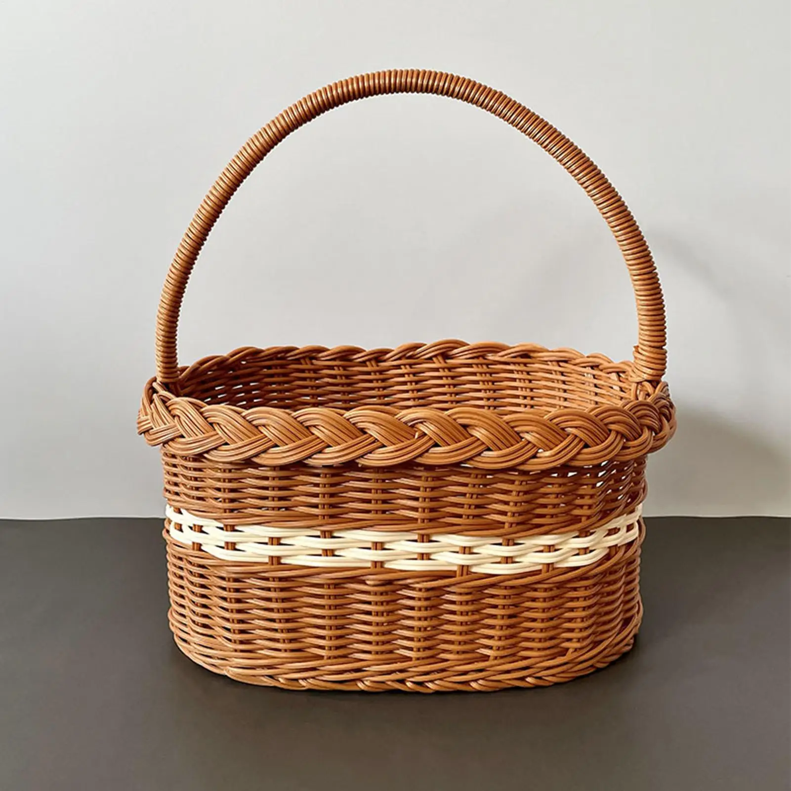 Handwoven Imitation Rattan Picnic Basket with Handle Portable Storage Basket for Outdoor Picnic Grocery Shopping Home Decoration view 4