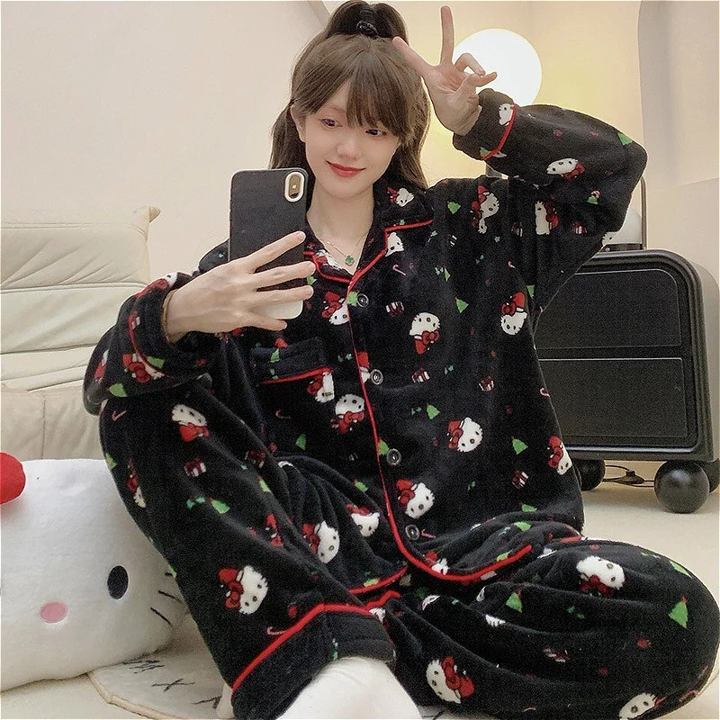 Hello Kitty Pajamas Christmas Cartoon Pure Cotton Autumn New Christmas Tree Women\'s Pajamas Sanrio Casual Loungewear Set