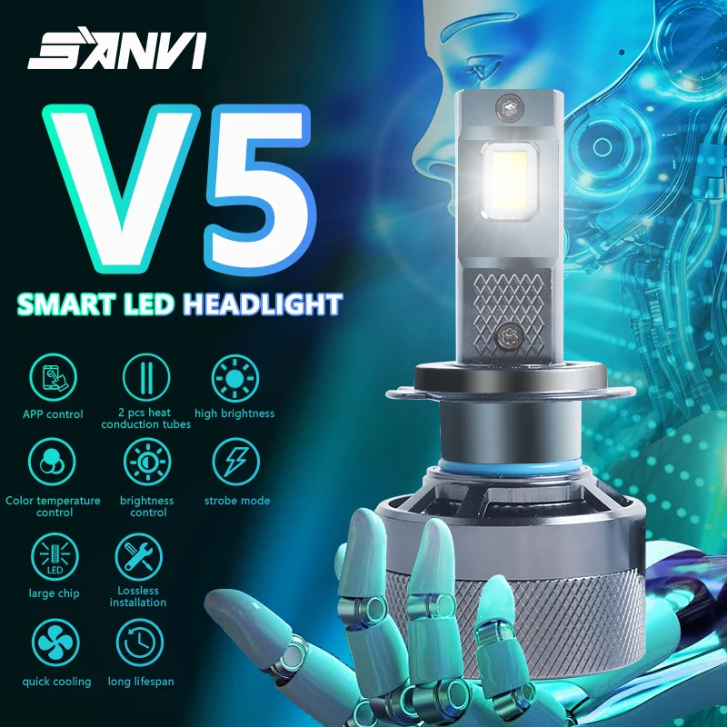 

SANVI Car V5 Bluetooth APP Control LED Headlight 12V 190W 6000K Smart LED Chip For H1 H11 H4 H7 HB3 HB4 9012 Car Accessories
