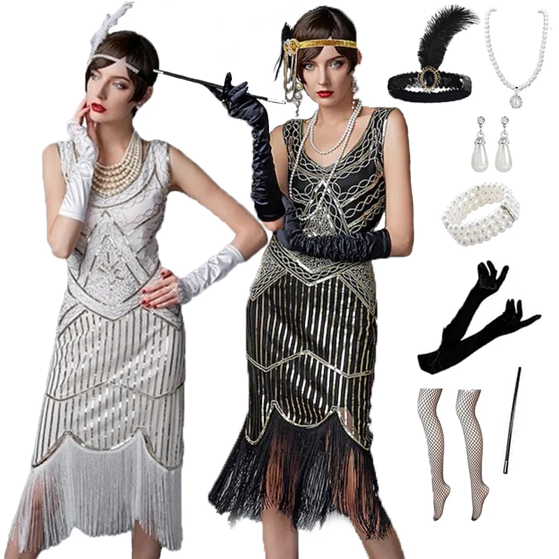 Vestido de lentejuelas Vintage de los años 1920, vestido de noche de graduación con diseño de borlas, ajuste Delgado, tocado, collar, accesorios, disfraz de juego de rol de Gatsby