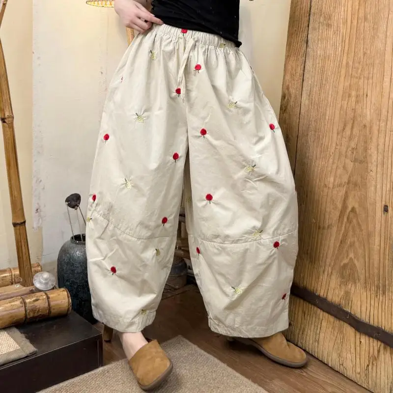 New Summer Arts Style Women Elastic Waist Cotton Wide Leg Pants Fruit Embroidery Loose Casual Ankle-length Pants Good Quality