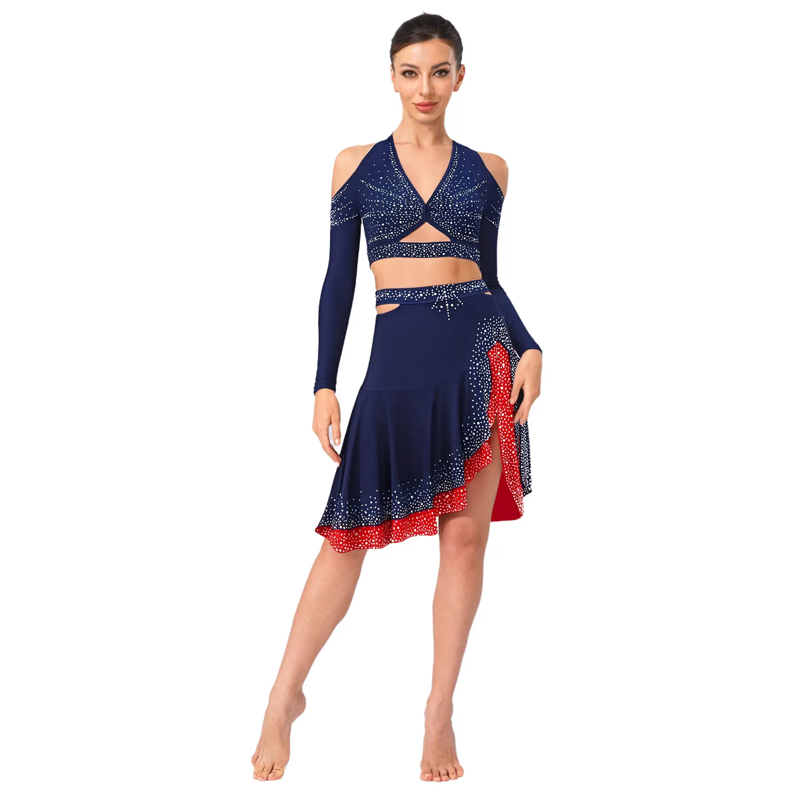 

Womens Latin Dance Outfit Rhinestone Halter Crop Top with Ruffled Skirt for Samba Chacha Dance Performance Latin Dance Wear