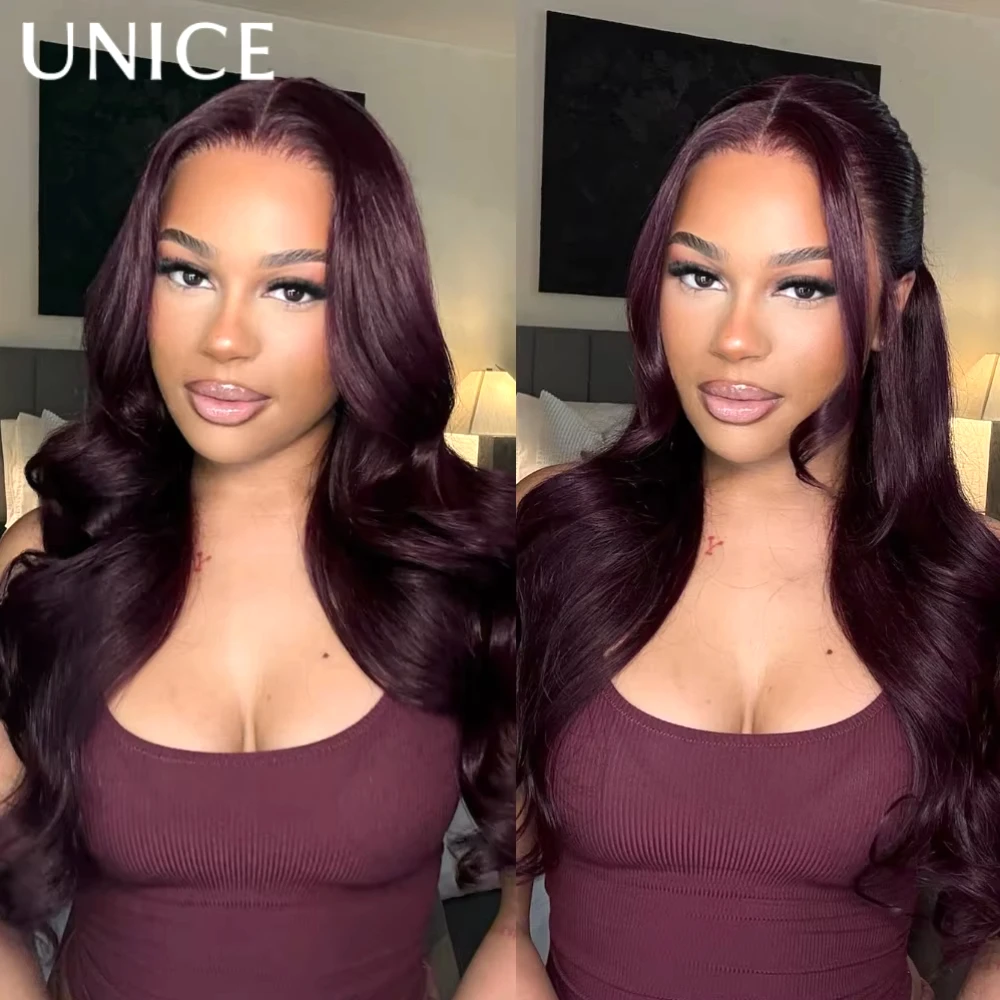UNICE Black Cherry Loose Wave Curtain Bangs Wig With Invisi Drawstring 7x5 13x4 Pre Cut Pre Bleached Glueless Wig Human Hair