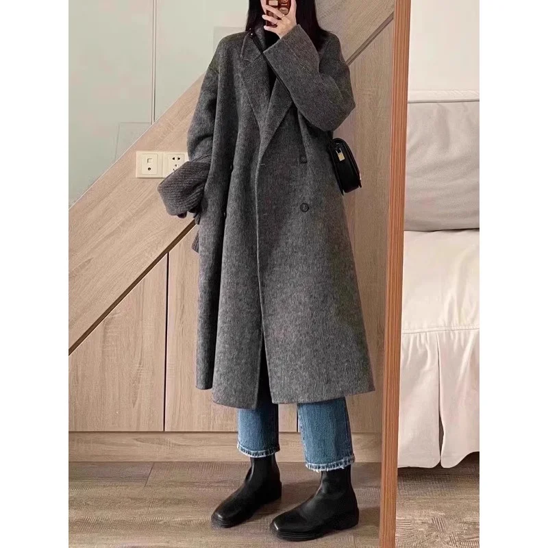 

Black Gray High-end Woolen Coat for Women 2024 Autumn and Winter New Loose Versatile Small Thick Medium and Long Woolen Coat WLF