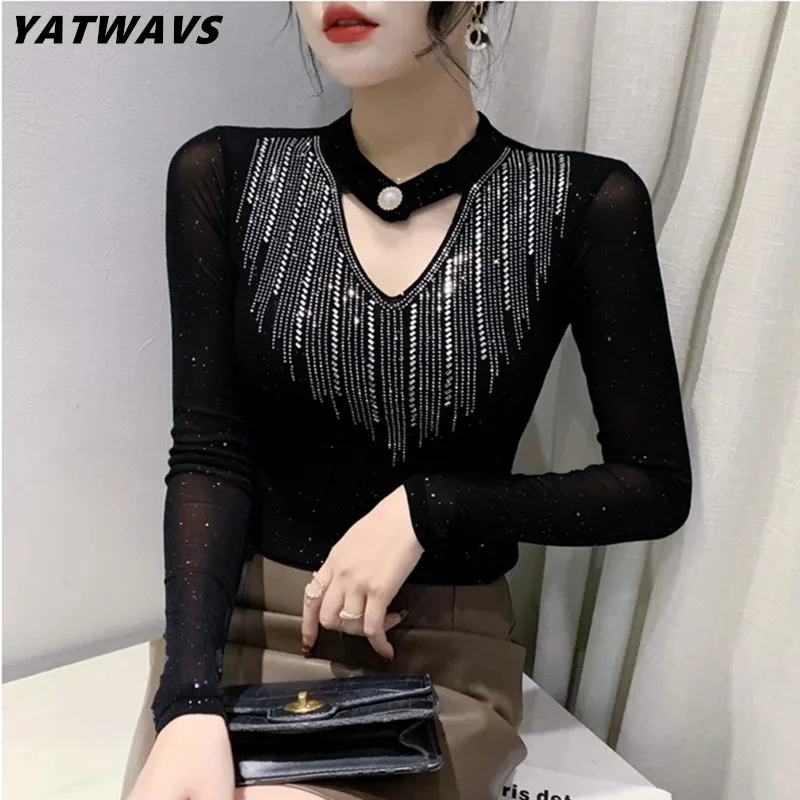 

2024 New Spring European Women T-Shirt Chic Sexy Hollow Out O-Neck Hot Diamonds Tops Exquisite Lady Long Sleeved Slim Mesh Tees