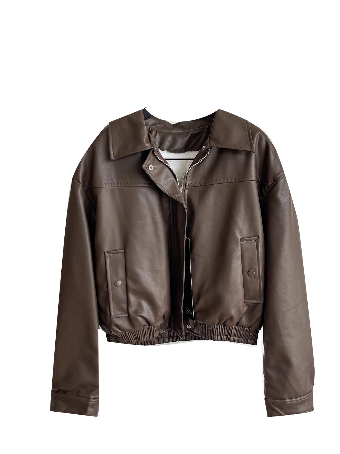 เสื้อโค้ทผู้หญิงแฟชั่น หนัง PU ทรงหลวม ปกพับได้ สไตล์ลำลอง สำหรับฤดูใบไม้ร่วงและฤดูหนาว