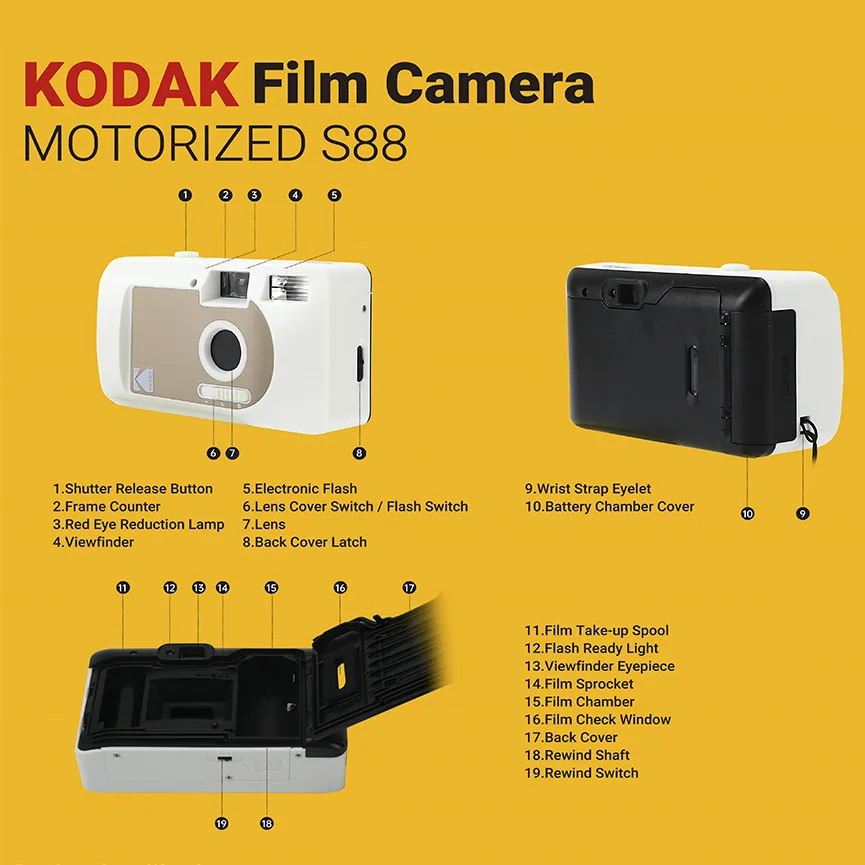 Kodak S88 Point And Shoot Film Camera, Fully Automatic Rewinding Film Camera, Built-in Flash Kodak 135 Film Camera