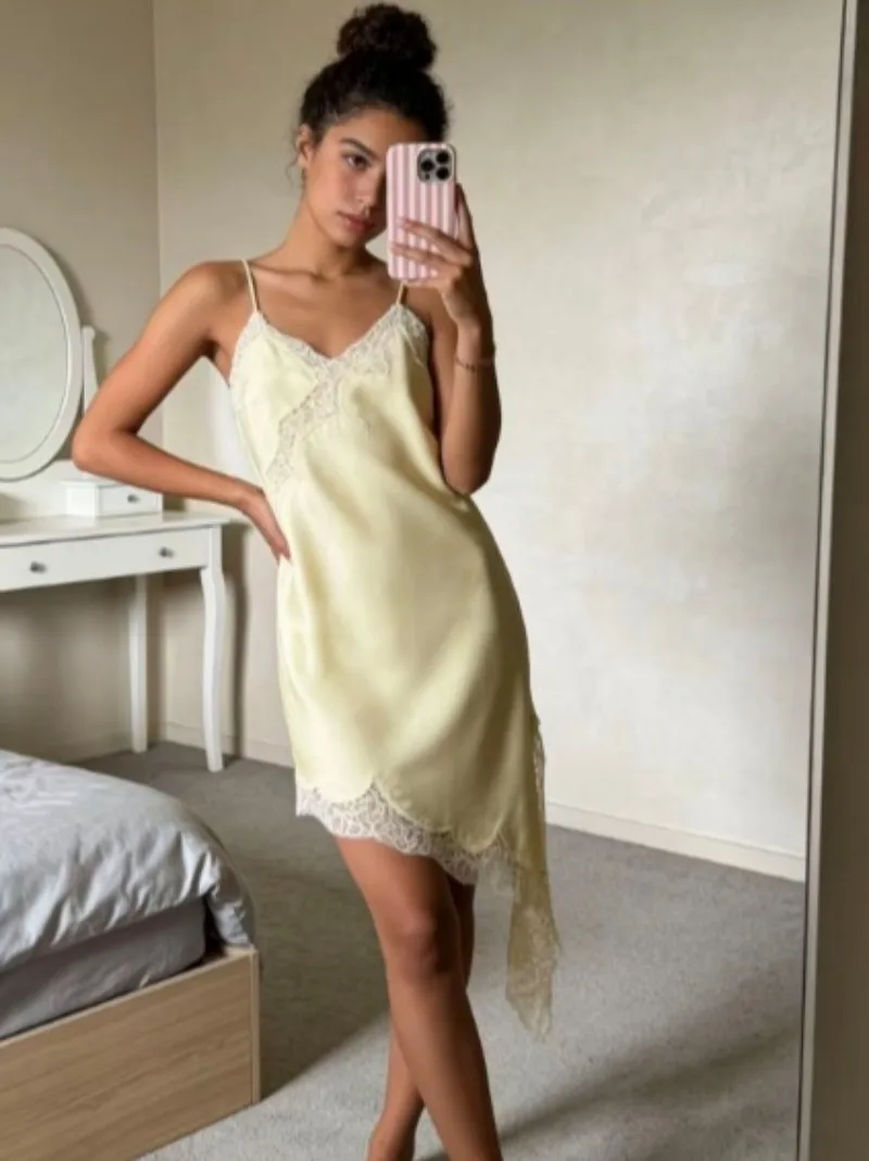 

Irregular Hem Dress for Women 2025 Summer New Fashion Sexy Pure Design Party Dress Women's Lace Hollow Out Sling Mini Dress