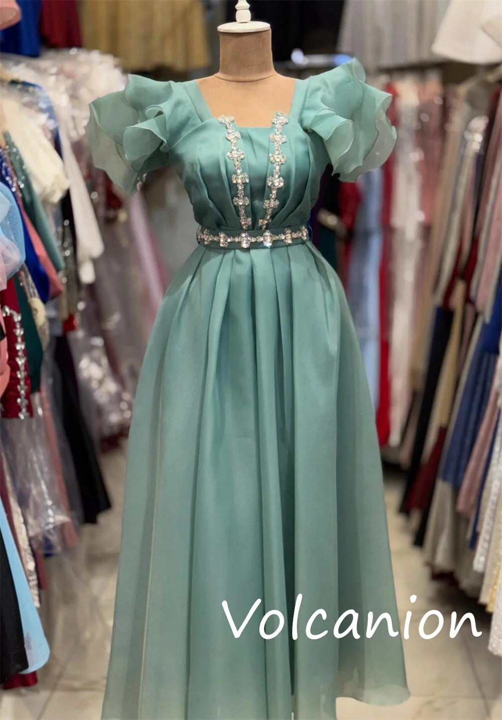 Customized Chinese Style Organza Sequined Pleat A-line Square Neck Midi Dresses Bespoke Occasion Simple