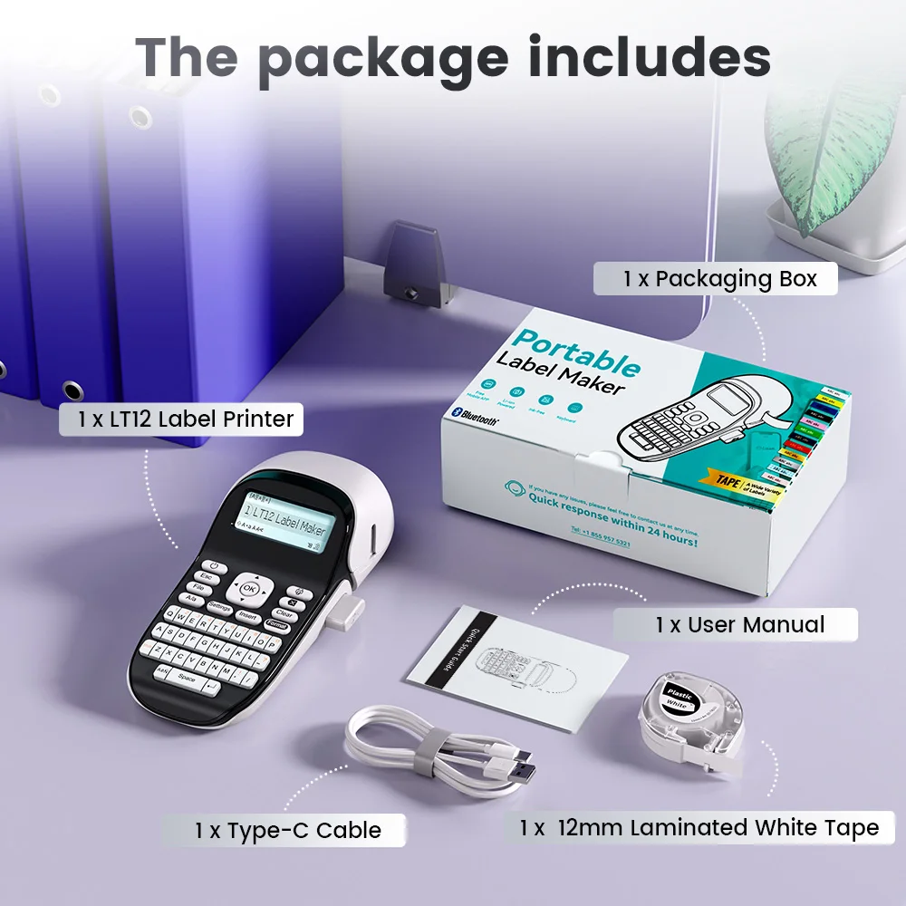LT12 Etikettendrucker, tragbarer tintenloser Etikettendrucker, Bluetooth-Handaufkleberdrucker für Büro und Zuhause, Qwerty-Tastatur, One-Touch-Taste
