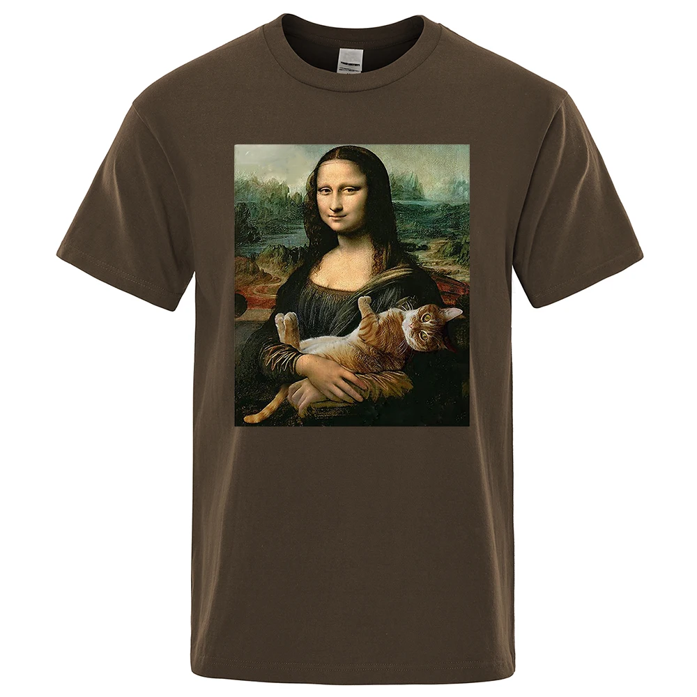 Funny Mona Lisa And Cat Printed T-Shirt For Men Summer Cotton T Shirt Loose Breathable Clothing O-Neck Fashion Casual Short Tees