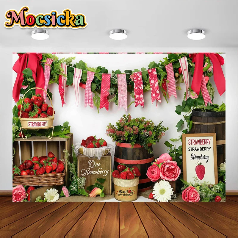 Mocsicka التصوير خلفية الأحمر الفراولة مخزن بالون الديكور خلفية لاستحمام الطفل الوليد حفلة عيد ميلاد الدعائم