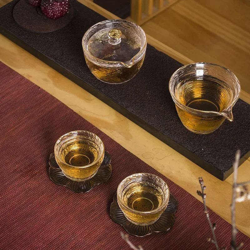 Hammered Pattern Glass Travel Tea Set Portable Bag Express Carry-on Kung Fu Tea Cup Lidded Bowl Tea Set Glass Gaiwan
