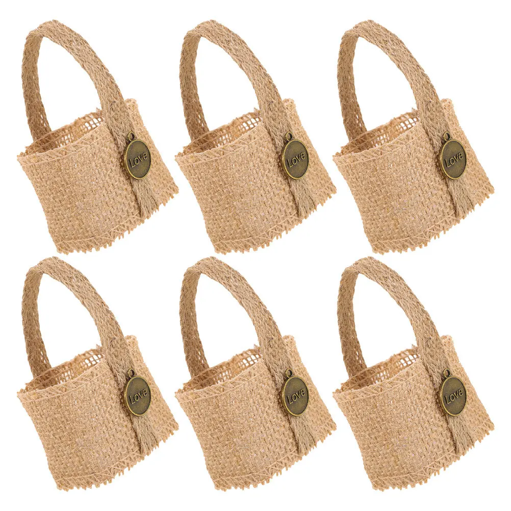 

6Pcs Mini Wedding Burlap Flower Basket Candy Linen Bags Rustic Party Favor Pouch for Ceremony Reception Decoration Festival