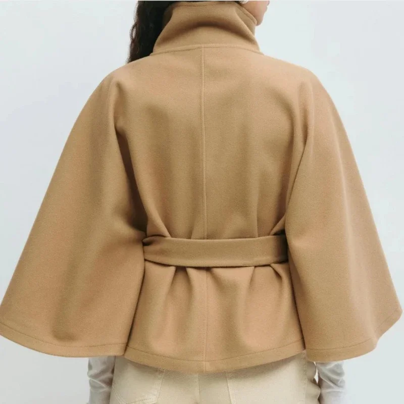 Women's Fashion Long Batwing Sleeve Solid Single Breasted Cape Coat Autumn Winter Outfits Stand Collar Lace Up blend fiber Coat