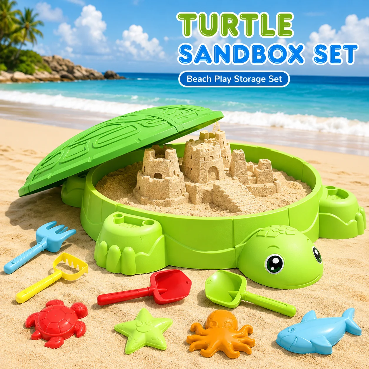 MQUDUO Outdoor Turtle Sandpit Toy, Large 61cm Sandbox with Lid and Accessories for Boys Girls Beach Garden Play - view 3