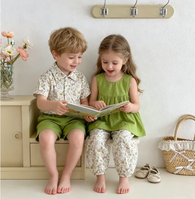 Set 2026 Spring and Summer New Childrens Clothing Korean Boys and Girls Thin Flower Shirt Shorts Two Sets of Brother and Sister