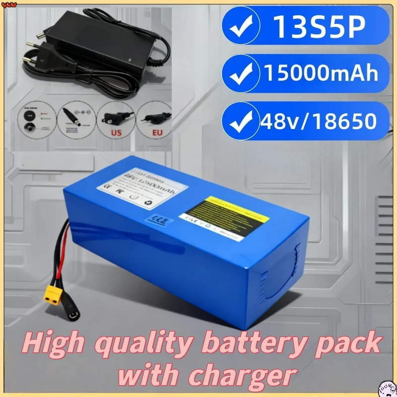 New 48V 15Ah 13S5P Li-ion Battery Pack with BMS Protection for 500W 750W Scooter Bicycle Power Supply +54.6V 2A Charger