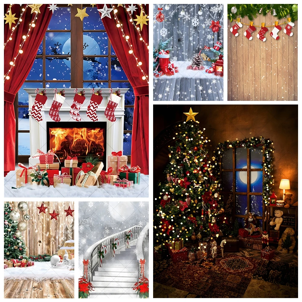 

Christmas Photography Background Custom Winter Snow XMAS Trees Fireplace Wood Floor Festival Family Party Photo Backdrops Decors