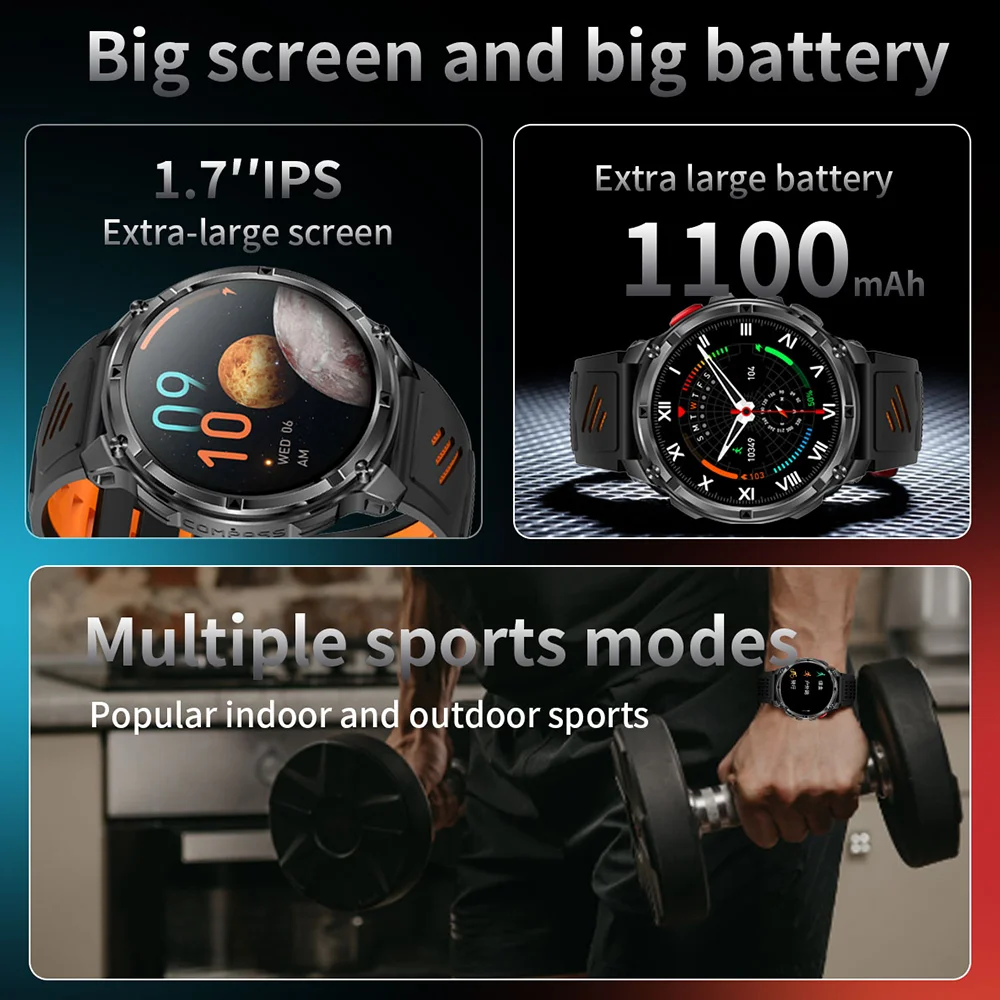 นาฬิกาสมาร์ทโฟนบลูทูธ DAORKOW 2025 รุ่นใหม่ แบตเตอรี่ 1100 mAh พร้อม GPS เข็มทิศ วัดความสูง กันน้ำ 10 ATM สำหรับผู้ชายและผู้หญิง