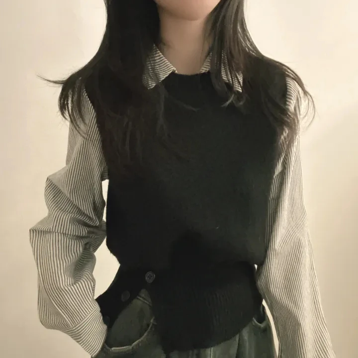 

Women's Knitted irt Chic Autumn Design Stripe Patchwork Long Sve ort Top Versatile Faion Korean Sle Fake Two-Piece