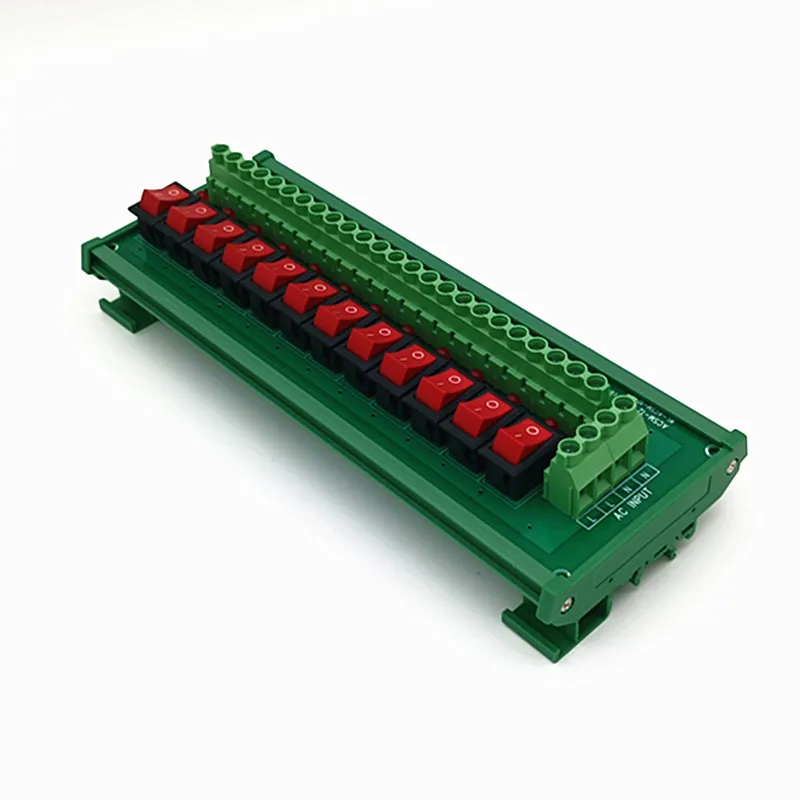 DIN Rail Mount 12 Channel Red Rocker Switch AC 125V 250V Power Distribution Strip Module