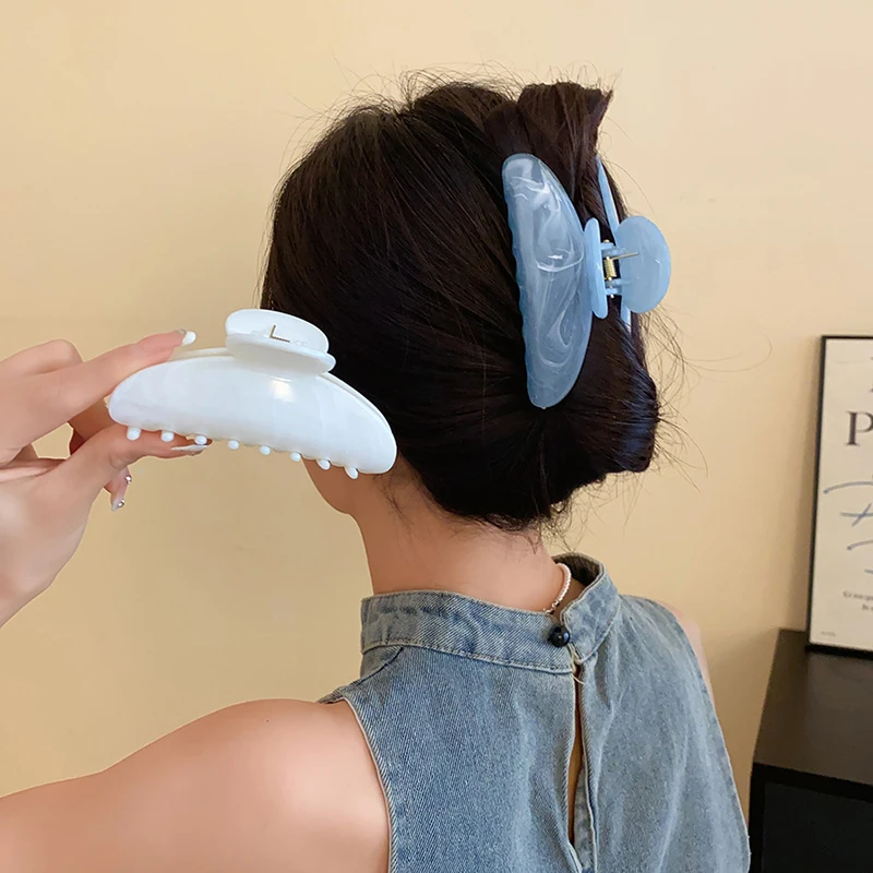 Blue White Hair Claws for Girl Solid Color Flower Ellipse Shaped Shark Clips Summer Headdress Fashion Hair Accessory